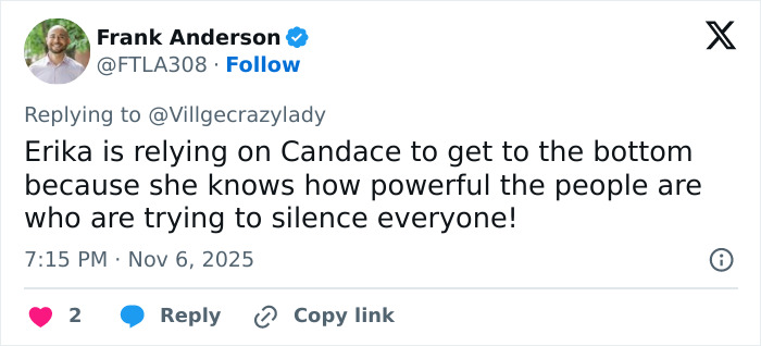 Screenshot of a tweet discussing Erika Kirk’s Fox interview and theories about the real culprit still being free. Screenshot of a tweet discussing Erika Kirk’s Fox interview and theories about the real culprit still being free.