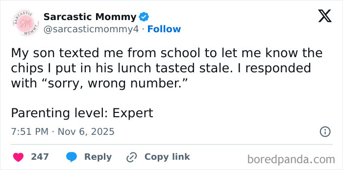 Funny parent tweet about kids' lunch complaints showcasing humor during quiet parenting time on social media.