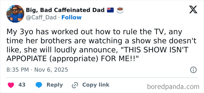 Screenshot of a funny parenting tweet showing a 3-year-old loudly announcing her TV preferences during quiet time.