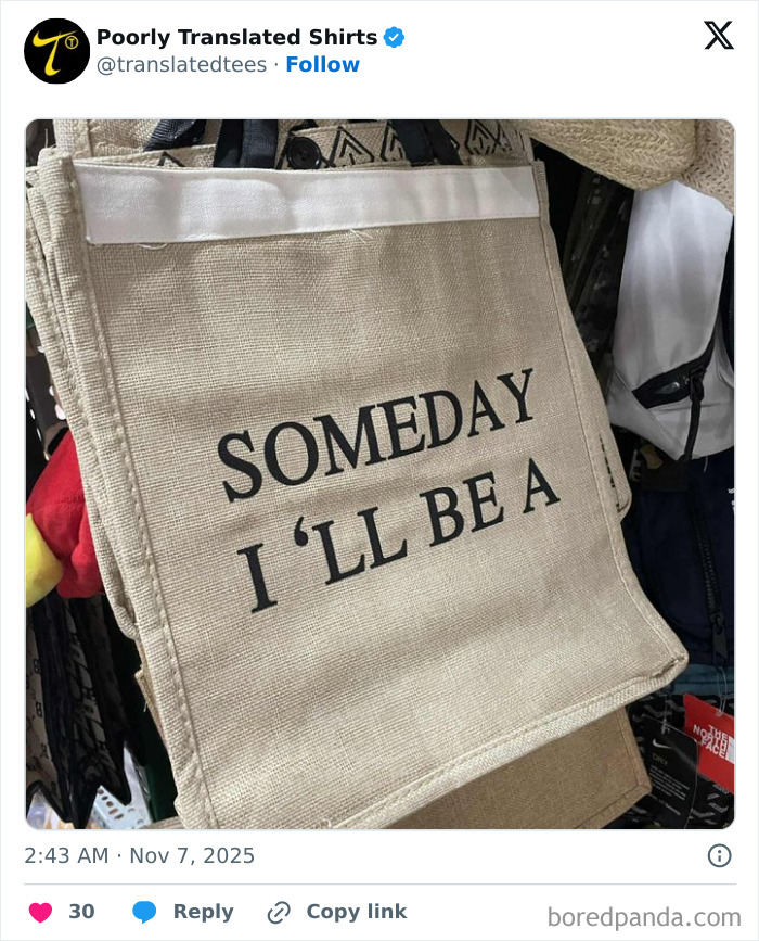 Beige tote bag with a humorous English phrase showing a funny translation error in global funny English t-shirts.