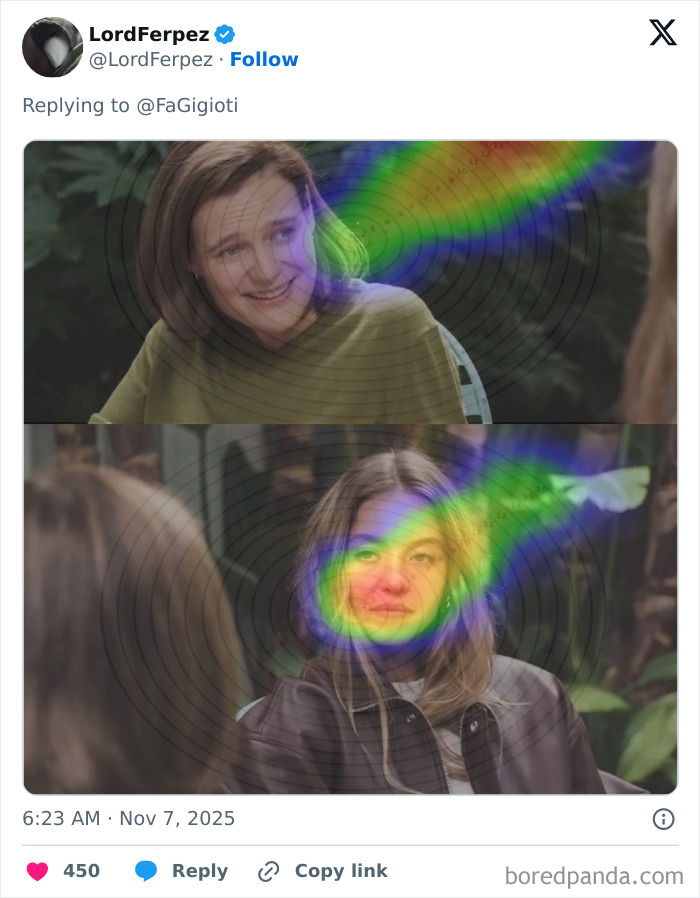 Sydney Sweeney in two interview screenshots with colorful meme-style heatmap overlay effects.