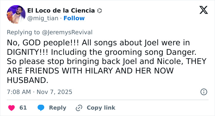 Tweet disputing outrage over Hilary Duff&rsquo;s new song referencing her past age-gap relationship with Joel Madden at 16.