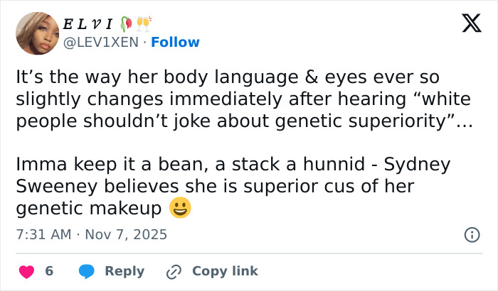 Screenshot of a social media post discussing Sydney Sweeney&rsquo;s jeans scandal and public reaction to her comments.