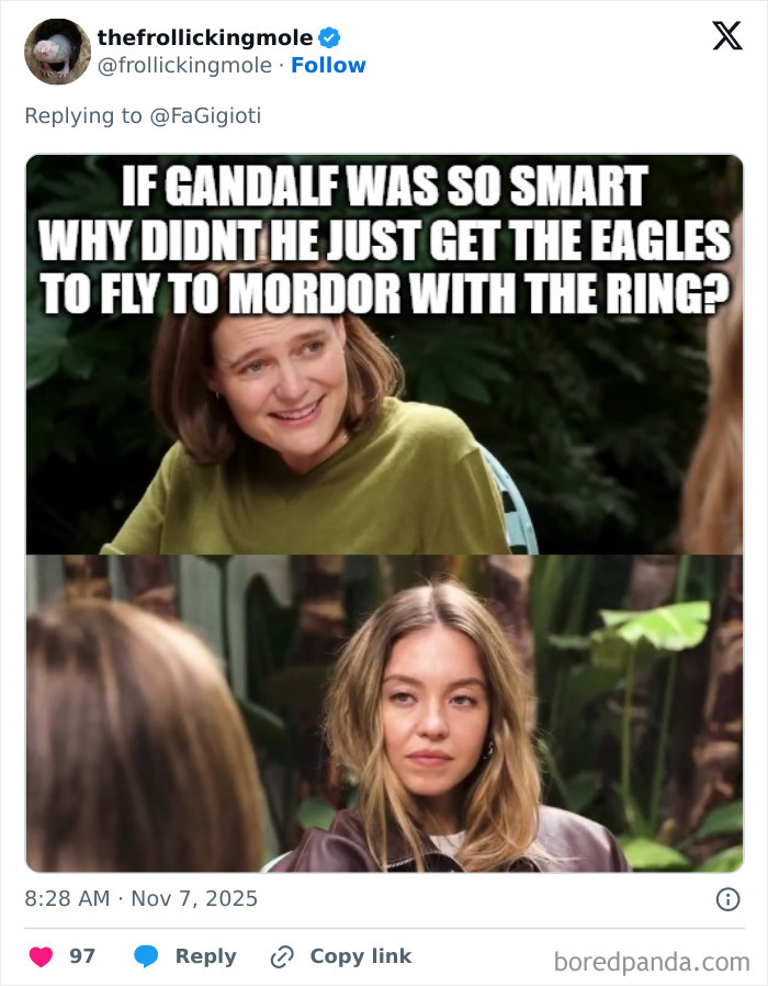 Sydney Sweeney in a controversial interview with a humorous meme overlay discussing a Lord of the Rings reference.