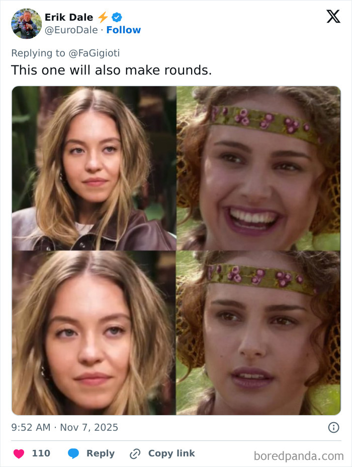 Four-panel meme showing Sydney Sweeney with various facial expressions from her controversial interview viral online.