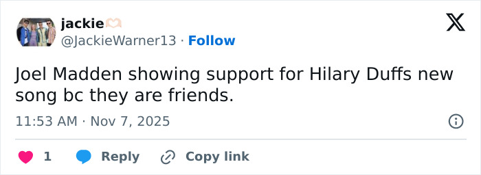 Screenshot of a tweet mentioning Joel Madden supporting Hilary Duff&rsquo;s new song amid age-gap relationship outrage.