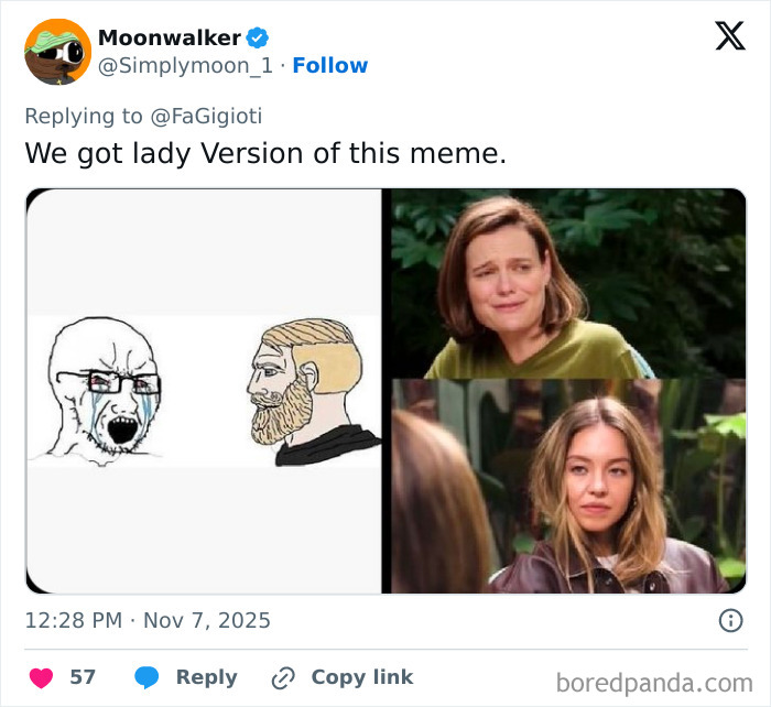 Meme images featuring Sydney Sweeney's controversial interview reactions paired with popular internet meme characters.