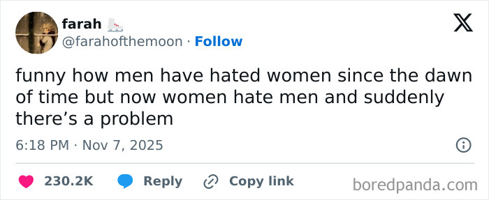 Tweet showing a savage woman roasting men online about gender hate with over 230K likes on social media.