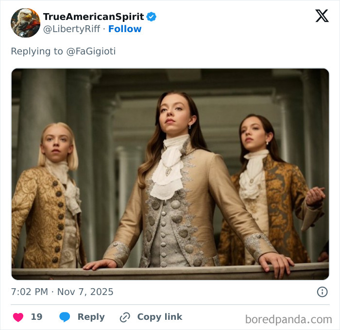 Three women in vintage 18th-century attire standing confidently, representing Sydney Sweeney's controversial interview meme.