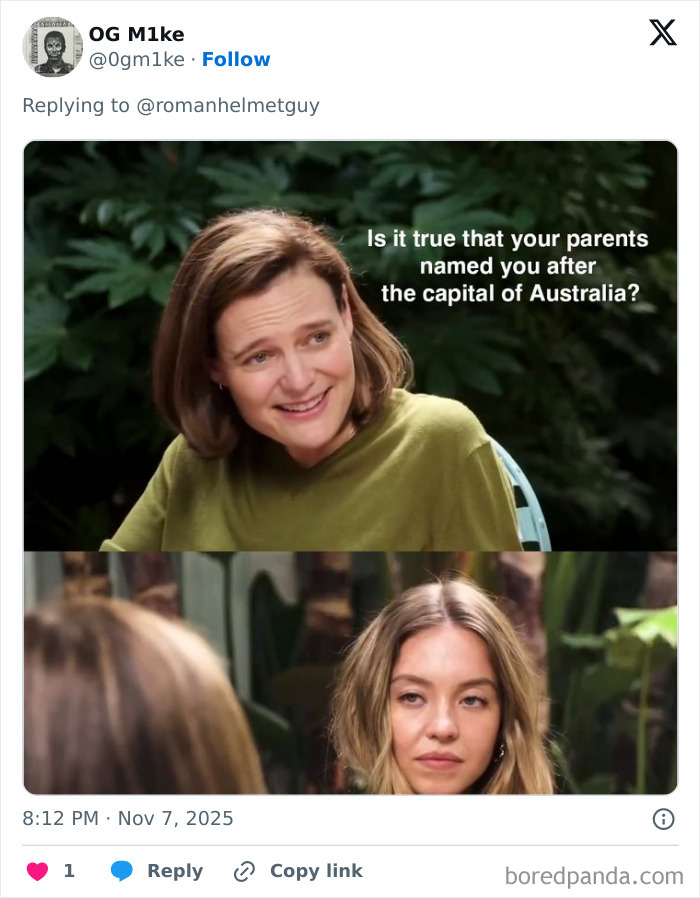 Two women in conversation outdoors, featuring a meme referencing Sydney Sweeney's controversial interview.