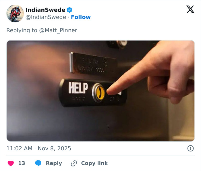 Finger about to press a help button in an elevator, related to Sydney Sweeney elevator tweet memes discussion.