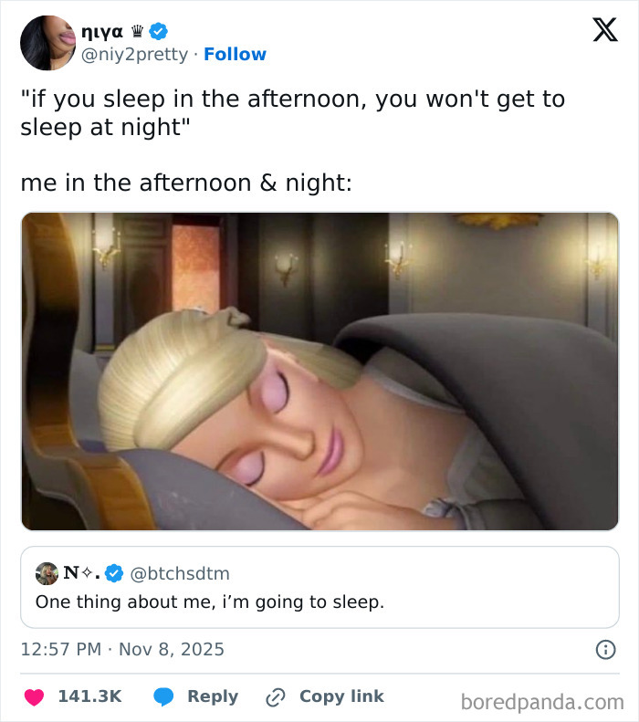 Social media post with a meme about sleeping habits, part of entertaining posts and memes to fight boredom and sadness.