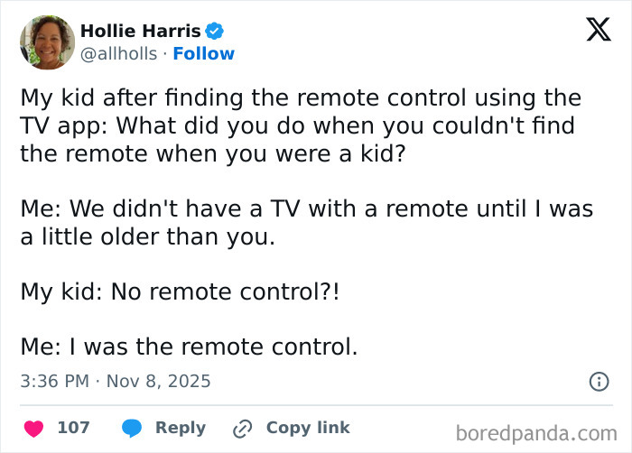Funny tweet from a parent joking about finding the remote control, shared while having quiet time.