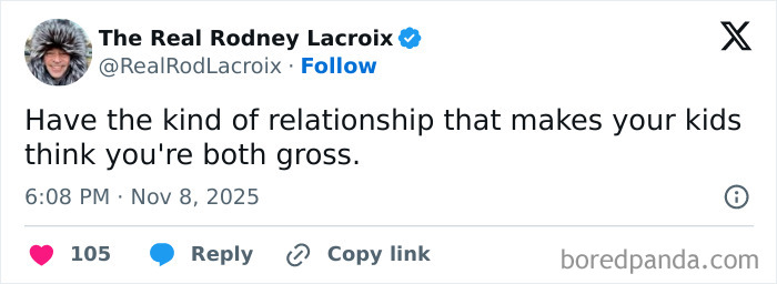 Tweet from a parent sharing a funny relationship moment that makes their kids think both parents are gross.