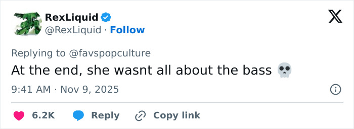 Tweet from RexLiquid replying to a fan account about Meghan Trainor&rsquo;s new look mentioning bass and sparking fan reactions.