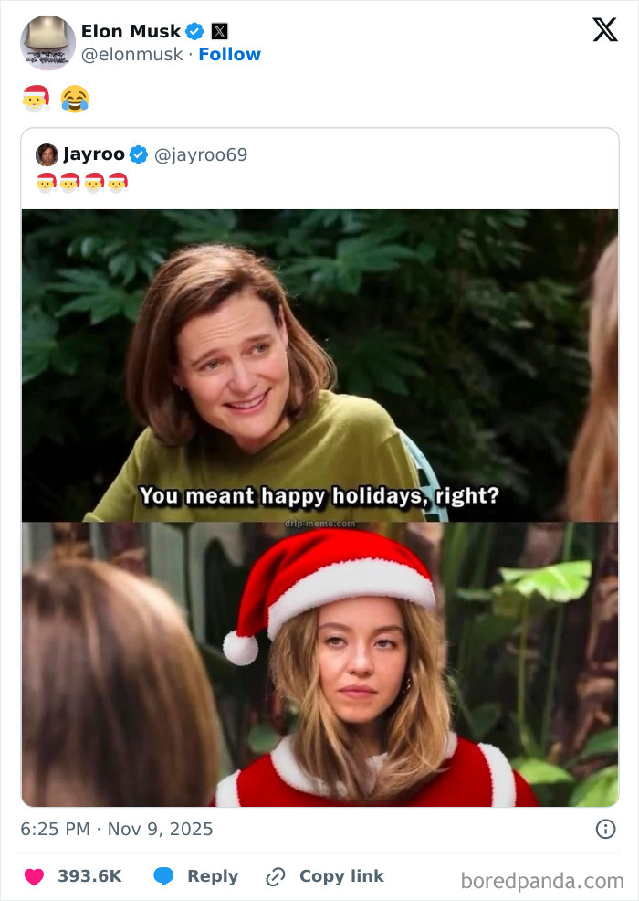 Screenshot of Sydney Sweeney in a meme from her controversial interview, edited with a Santa hat and holiday text.