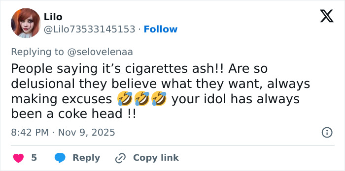 Tweet discussing fan concerns about Justin Bieber, mentioning something noticed on his c****h and speculation about cigarette ash. Tweet discussing fan concerns about Justin Bieber, mentioning something noticed on his c****h and speculation about cigarette ash.
