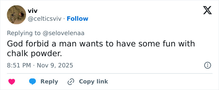 Tweet from user viv expressing a sarcastic comment about chalk powder, relating to concern for Justin Bieber after fans notice something on his c****h. Tweet from user viv expressing a sarcastic comment about chalk powder, relating to concern for Justin Bieber after fans notice something on his c****h.