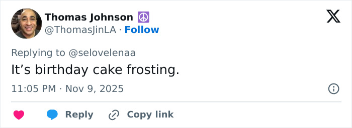 Twitter user Thomas Johnson replying to a comment with the message about birthday cake frosting. Twitter user Thomas Johnson replying to a comment with the message about birthday cake frosting.