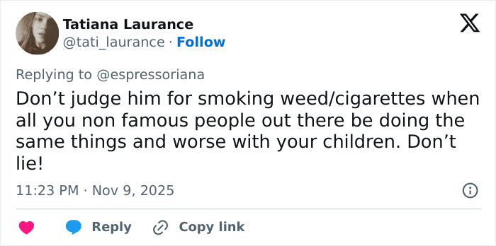 Tweet from Tatiana Laurance defending Justin Bieber against criticism related to fans' concern about his c****h. Tweet from Tatiana Laurance defending Justin Bieber against criticism related to fans' concern about his c****h.