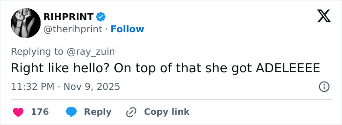 Tweet from RIHPRINT reacting to Kris Jenner's 70th birthday bash guest list, expressing surprise at Adele attending.