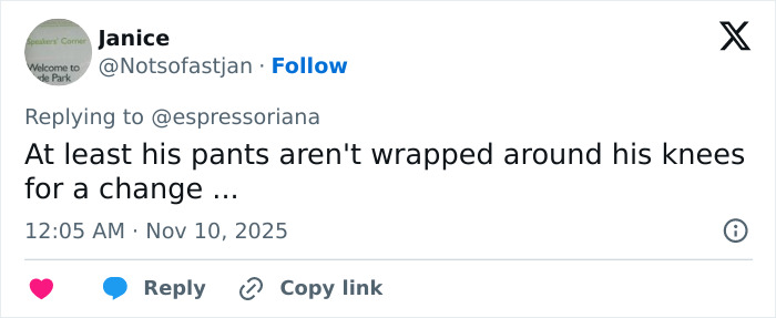 Tweet from Janice commenting on Justin Bieber's pants style amid concern for his child after fans notice something on his c****h. Tweet from Janice commenting on Justin Bieber's pants style amid concern for his child after fans notice something on his c****h.