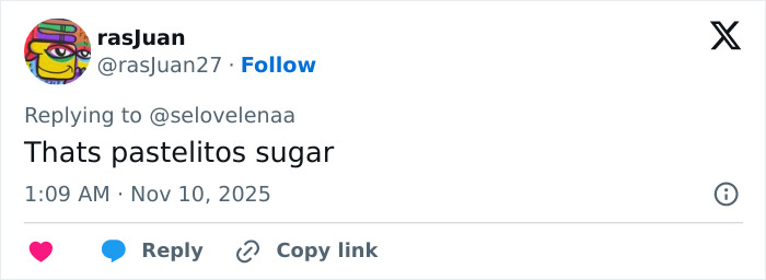 Screenshot of a Twitter reply mentioning pastelitos sugar in response to a fan concern about Justin Bieber's c****h. Screenshot of a Twitter reply mentioning pastelitos sugar in response to a fan concern about Justin Bieber's c****h.