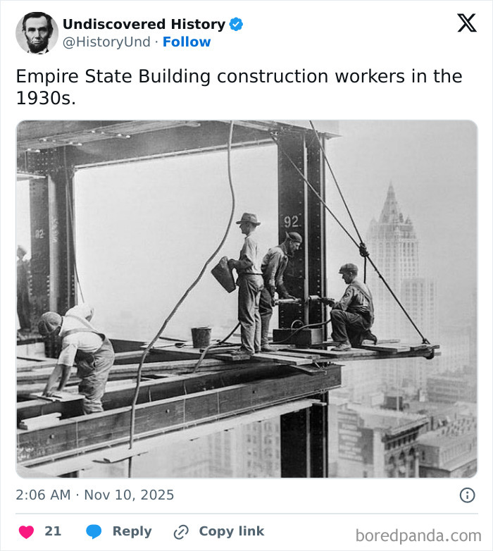Workers on Empire State Building steel beams high above New York City, a fascinating photo revealing lost moments in time.