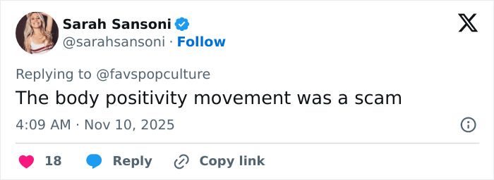 Tweet by Sarah Sansoni criticizing the body positivity movement, posted in response to fan reactions about Meghan Trainor's new look.