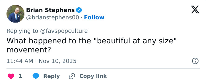 Screenshot of a tweet responding with a question about the beautiful at any size movement after Meghan Trainor&rsquo;s new look change.