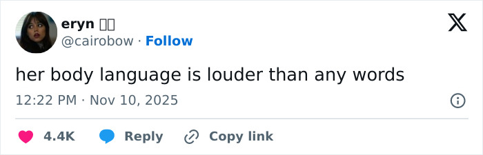 Tweet by user @cairobow stating her body language is louder than any words, relating to concern over Jenna Ortega&rsquo;s behavior at Wednesday cast event.