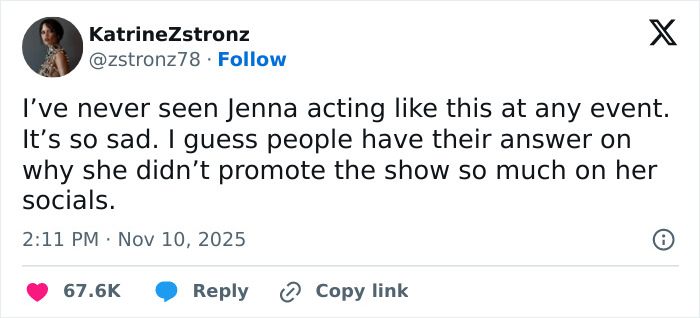 Tweet expressing concern over Jenna Ortega&rsquo;s behavior and silence at Wednesday cast event and show promotion.