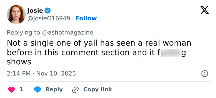 Tweet from Josie reacting to online trolls with a strong defense of natural breasts and real women in the comment section.