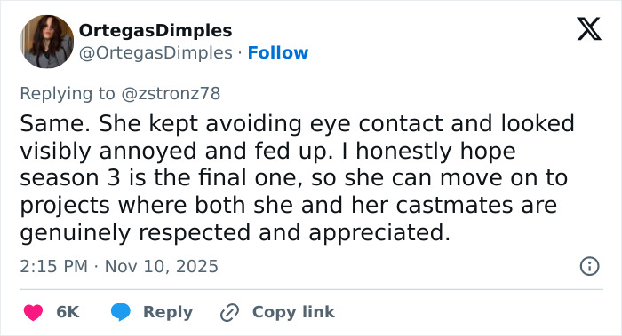 Tweet discussing concern over Jenna Ortega&rsquo;s behavior and silence in her eyes at Wednesday cast event.