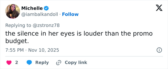 Tweet by Michelle expressing concern over silence in Jenna Ortega&rsquo;s eyes related to behavior at Wednesday cast event.