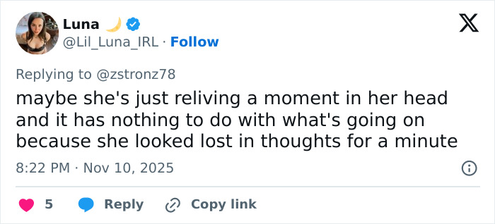 Tweet discussing concern over Jenna Ortega&rsquo;s behavior at Wednesday cast event, mentioning she appeared lost in thought.