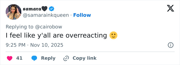 Tweet from user samara responding to concerns about Jenna Ortega&rsquo;s behavior with a calm emoji, addressing overreaction.