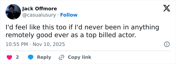 Tweet by Jack Offmore expressing feelings about being a top billed actor, shared during discussion on Jenna Ortega&rsquo;s behavior at Wednesday cast event.