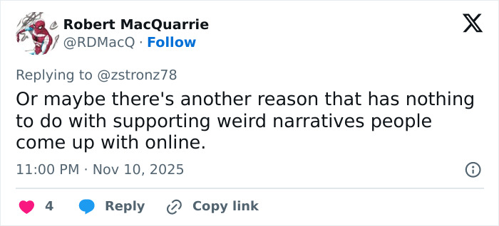 Tweet by Robert MacQuarrie expressing skepticism about online narratives unrelated to Jenna Ortega&rsquo;s behavior concern.