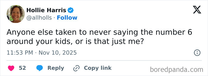 Tweet from parent sharing a funny moment about avoiding saying number 6 around kids, from funny tweets parents collection.