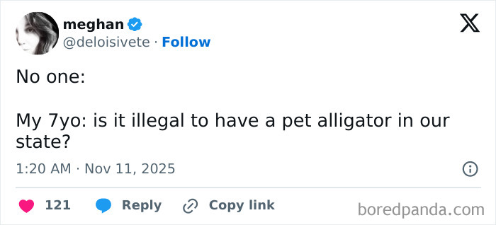 Tweet by parent sharing a funny moment with their 7-year-old about having a pet alligator during quiet time.