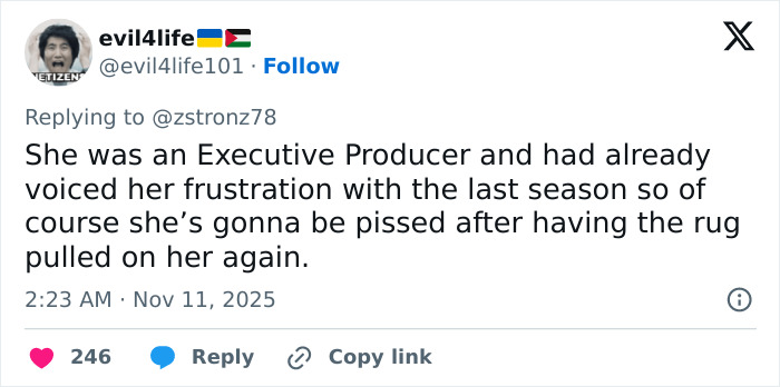 Twitter user evil4life101 commenting on Jenna Ortega&rsquo;s behavior expressing frustration after the last season at Wednesday cast event.