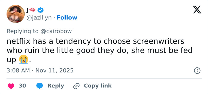 Tweet criticizing Netflix screenwriters, reflecting concern over Jenna Ortega&rsquo;s behavior at Wednesday cast event.