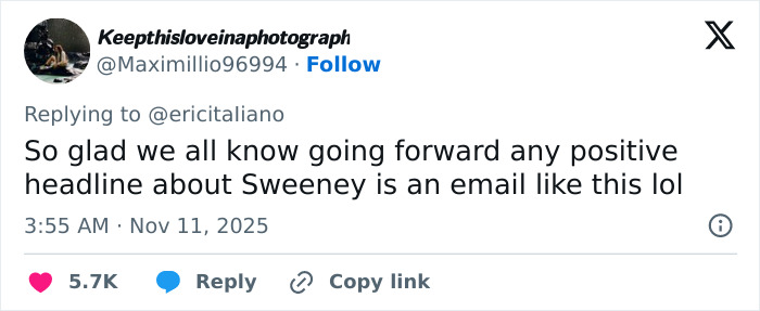 Tweet discussing leaked PR emails showing Sydney Sweeney's reps handling damage control after Christy box office failure.
