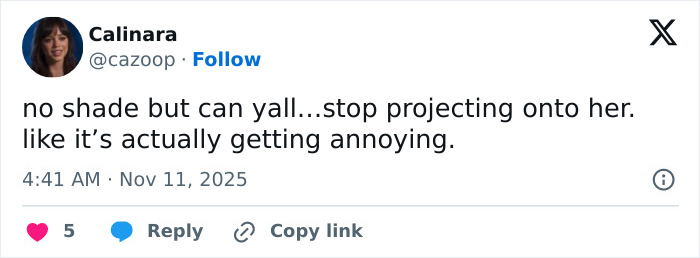 Tweet by Calinara addressing concerns about Jenna Ortega&rsquo;s behavior at Wednesday cast event, urging people to stop projecting.