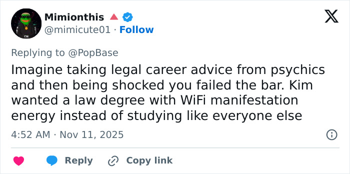 Tweet criticizing pathological liars and psychics after Kim Kardashian’s bar exam failure, highlighting legal career advice issues. Tweet criticizing pathological liars and psychics after Kim Kardashian’s bar exam failure, highlighting legal career advice issues.