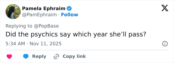 Screenshot of a tweet questioning psychics about predicting the year she’ll pass amid pathological liars controversy. Screenshot of a tweet questioning psychics about predicting the year she’ll pass amid pathological liars controversy.
