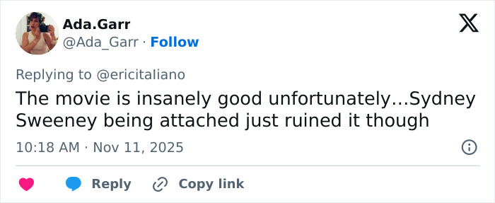 Screenshot of tweet criticizing Sydney Sweeney&rsquo;s involvement in the movie, relevant to leaked PR emails and damage control.