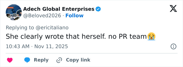 Tweet from Adech Global Enterprises replying to a comment, mentioning no PR team involved, related to leaked PR emails.