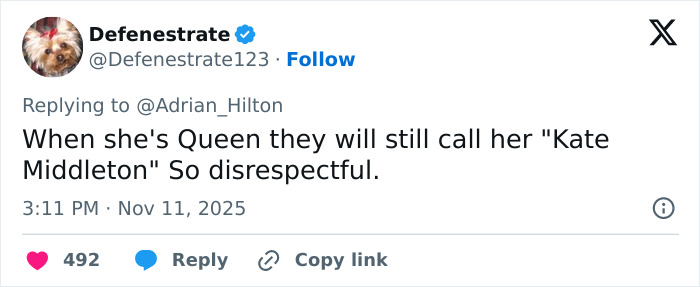 Tweet criticizing BBC headline about Princess Kate backlash, highlighting disrespect in naming her Kate Middleton instead of Queen.